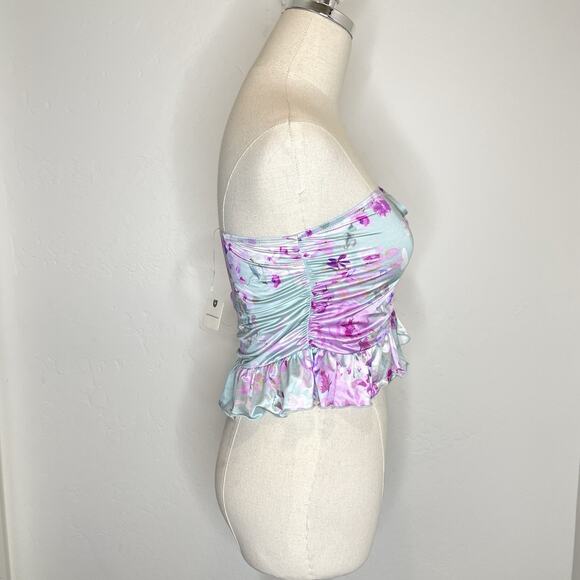 By Anthropologie Strapless Ruffled Bandeau Top Womens Small Satin Blue Pink - Picture 5 of 8